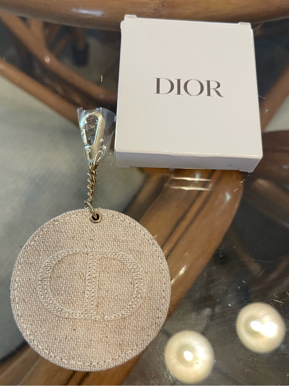 Dior Beige Embroidered CD Round Fabric Keychain with Gold-Tone Chain
